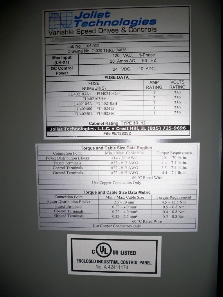 Detailed panel label with UL508A label