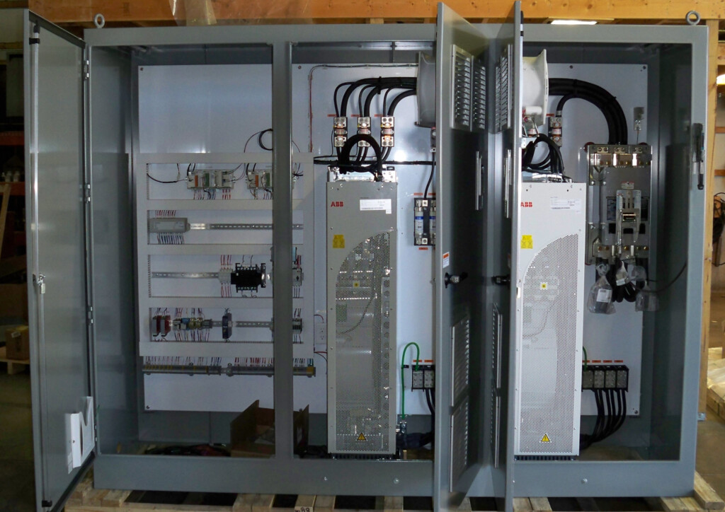 Open door front view of dual cabinet VFD panel