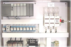 PLC (Programmable Logic Controller) mounted on the back panel of a control cabinet.