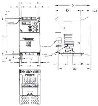 Saftronics PC10 Mini Vector AC Drive Dimensions for Part Number: PC102F12-9, PC102F25-9, PC102F50-9 & PC102001-9